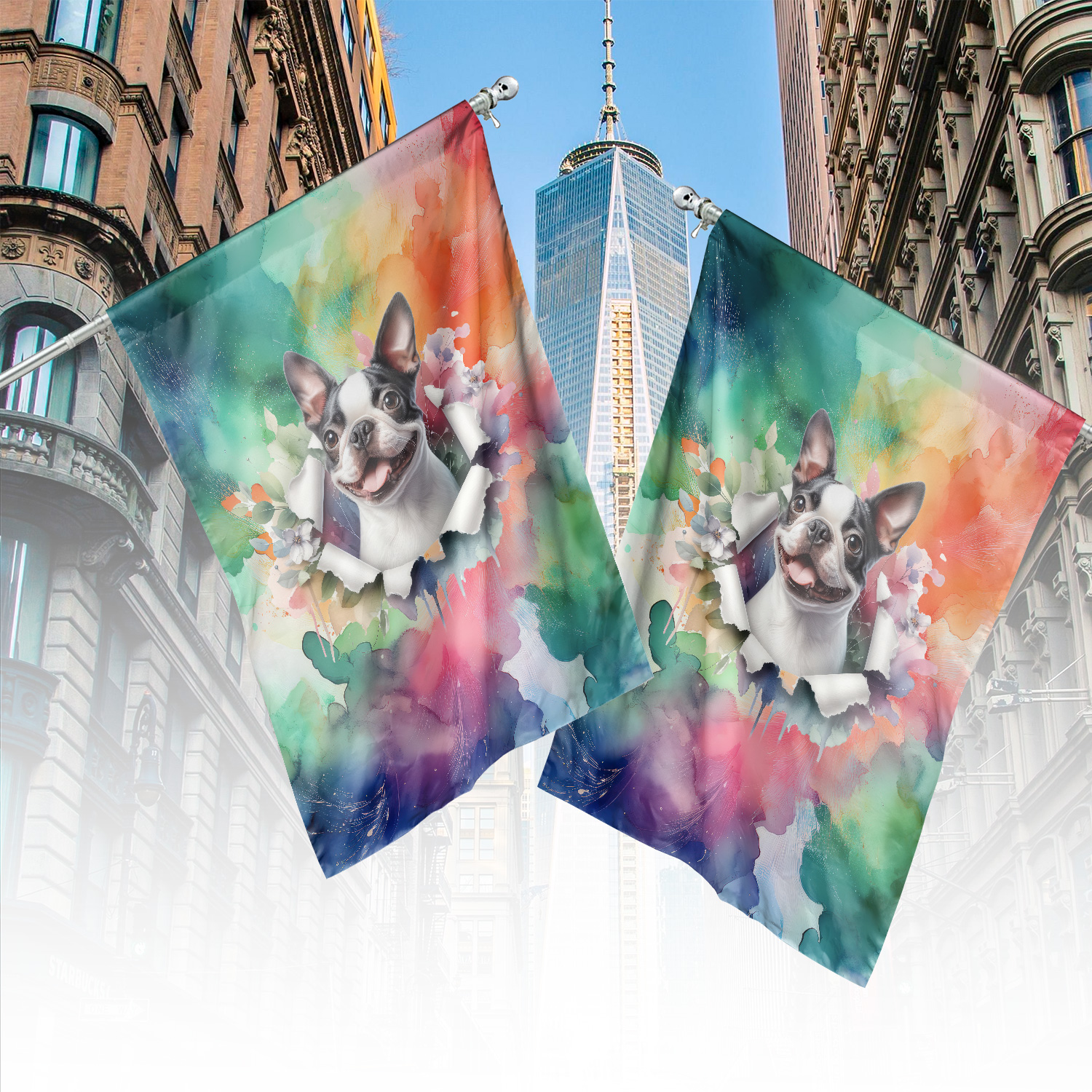 Funny Watercolor Adorable Boston Terrier Peeking Through Torn Paper Effect House Flag 28x40in Double Sided Gentleman Dog Lover Gifts Outdoor Decor - 00026