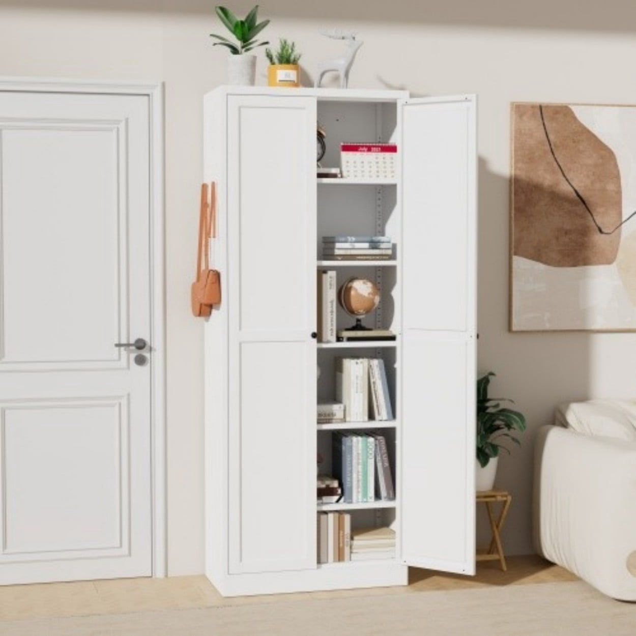 72" White Metal Kitchen Pantry Cabinet with Doors, Heavy Duty Freestanding Storage Organizer, 5 Adjustable Shelves, Tool-Free Assembly Cabinet for Kitchen Bathroom Pantry, White