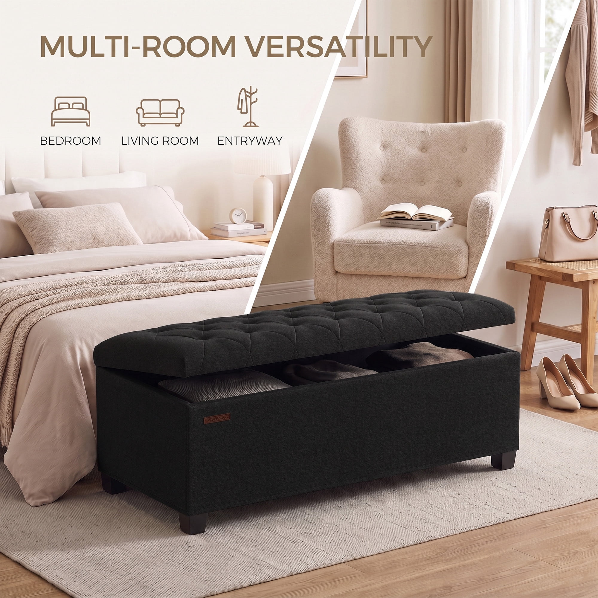 Ledrem Ink Black Storage Ottoman Bench, End of Bed Bench with Removable Cover, Large, Contemporary, Tufted