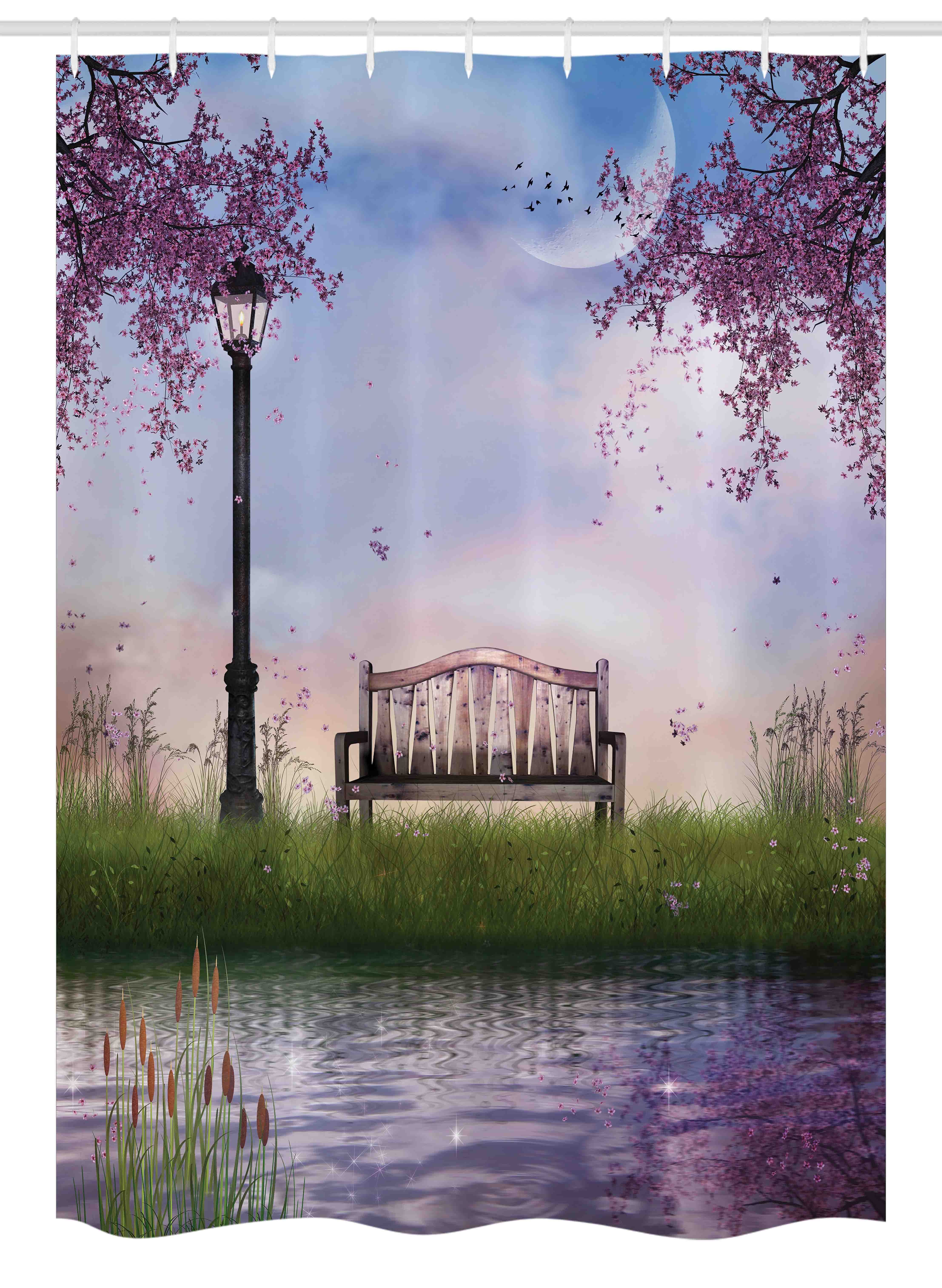 Nature Stall Shower Curtain, Bench on Flowing River with Crescent Moon