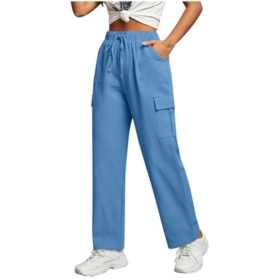 Women Linen Pants New Wide Leg Linen Pants for Women Casual Loose Elastic Waist Casual Pants with Pockets Summer Breathable Comfy Trousers Daily Wear