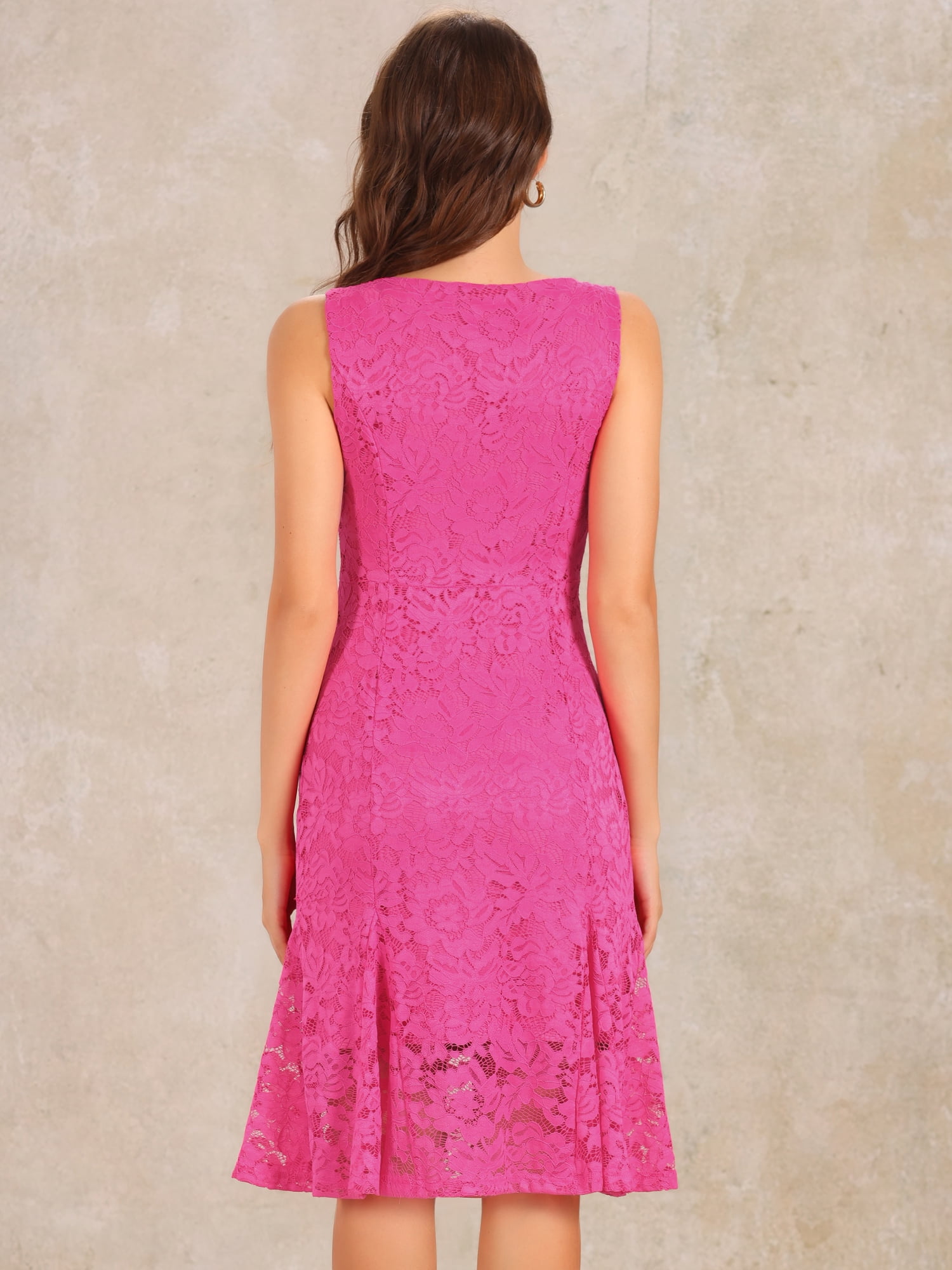 DARING DIVA Lace Cocktail Boat Neck Evening Sheath Dress S Hot Pink