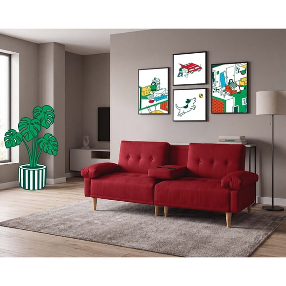 Sofá Cama De Lino Rojo Modelo Hendrix Makora Con Portavasos