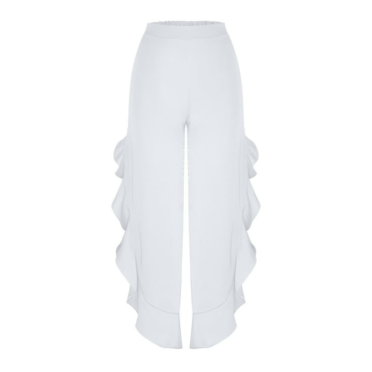 YYDGH Women's Ruffle Side Split Wide Leg Pants Casual Solid Color High Waist  Loose Pants Trousers White S 