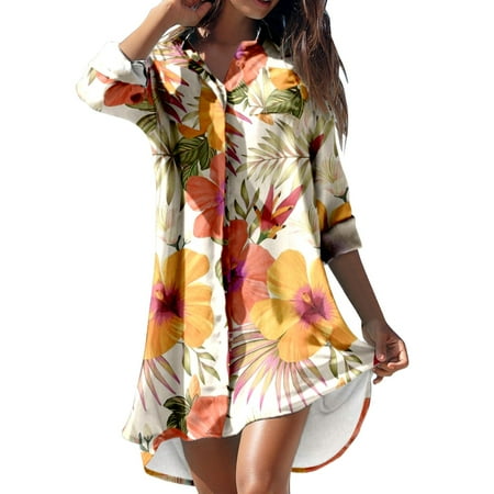 Bathing Suit Cover Up Women Swimsuit Dress Bikini Beach Tunic Top Crochet Women s Summer Casual Turn-down Collar Long Sleeve Printed Smock Buttons With Pocket Shirt Dresses Yellow L
