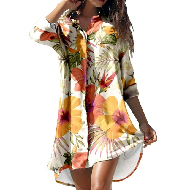 Vestidos camiseros de Manga larga con cuello vuelto Pompotops casuales de verano para mujer