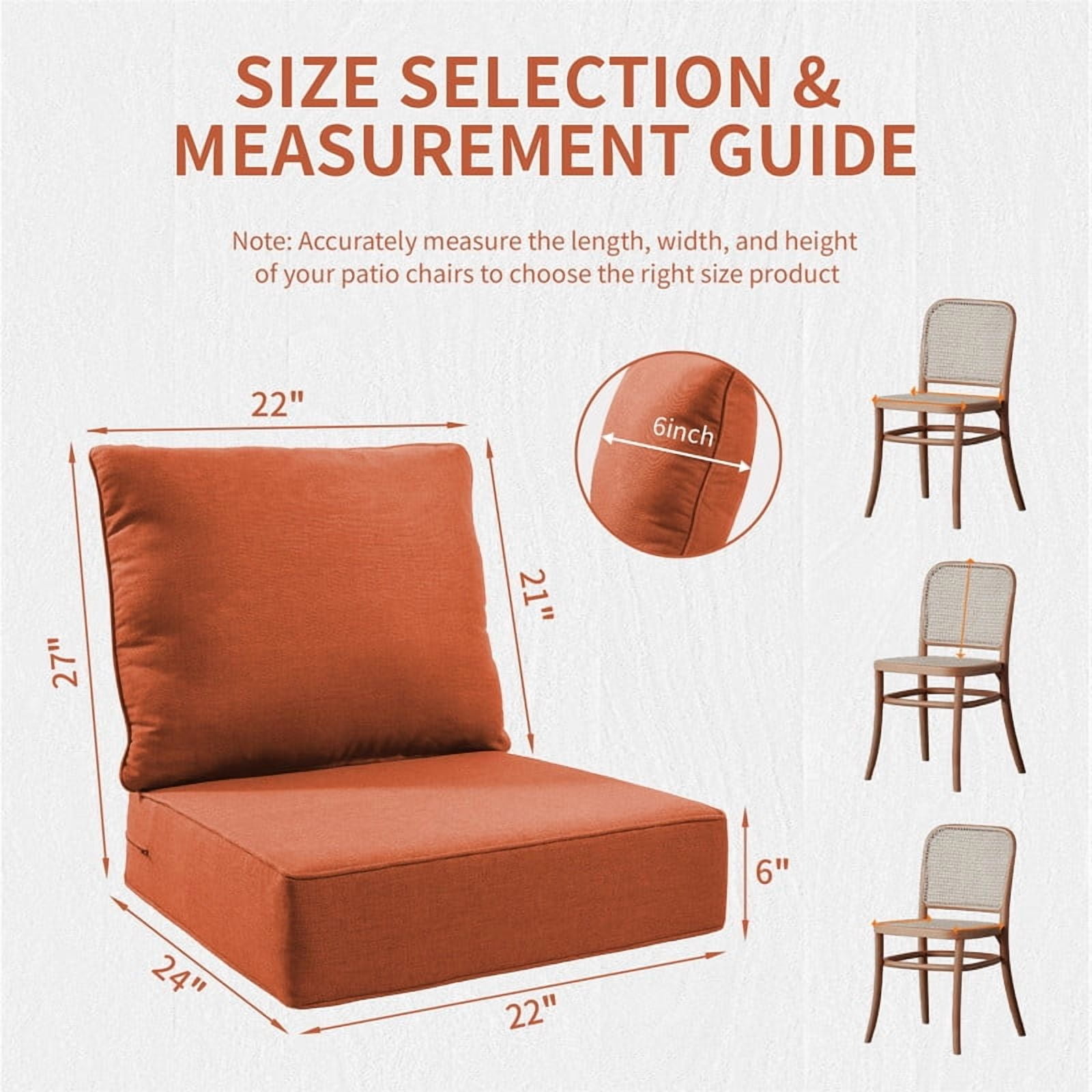 24" x 22" x 6" Outdoor Seat and Back Cushion, Pack of 1, Replacement Furniture Cushions Deep Seating for Patio Sofas Chairs, Orange