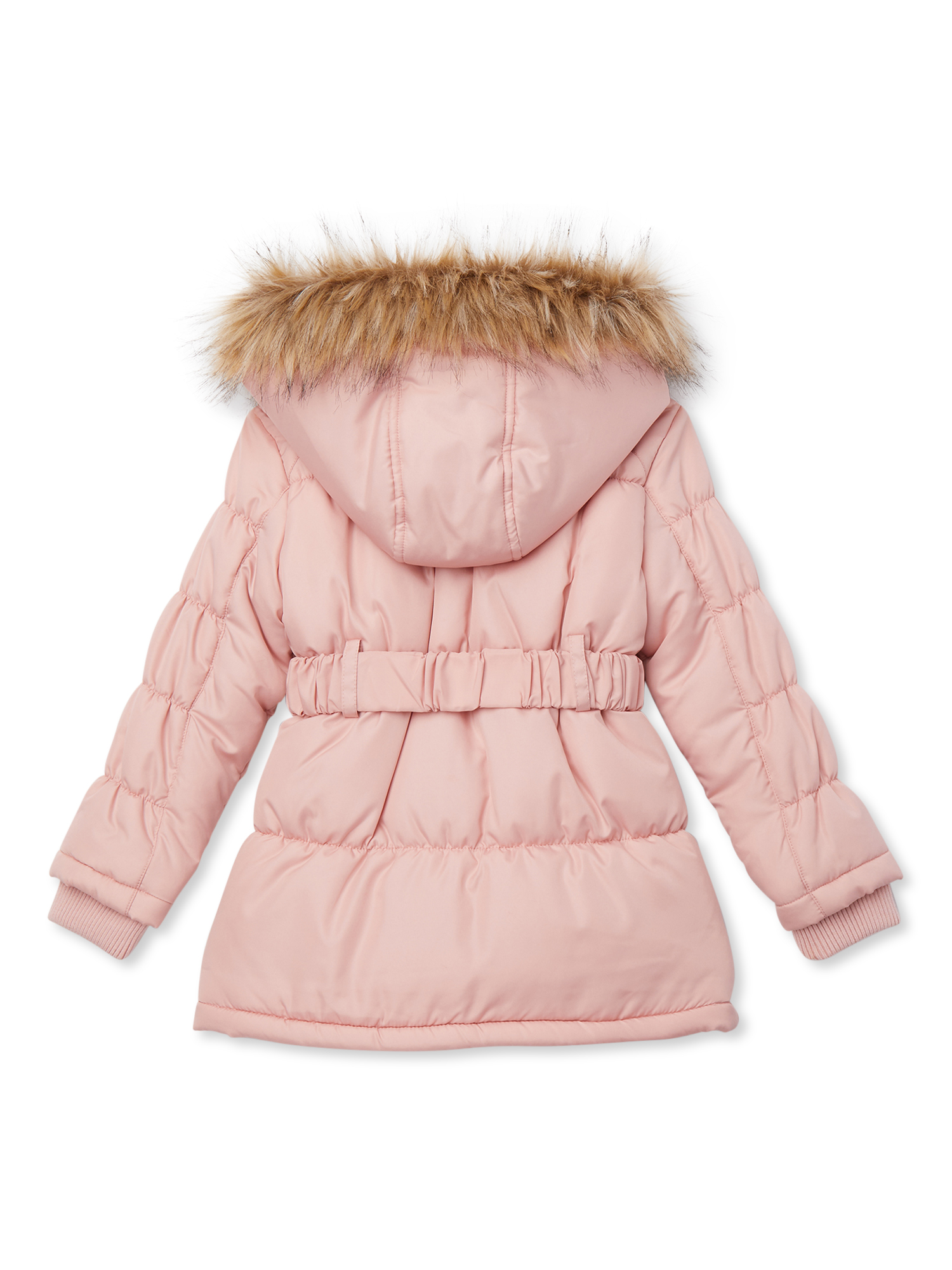 Bhip Girls Belted Puffer Jacket with Faux Fur Trimmed Hood, Sizes