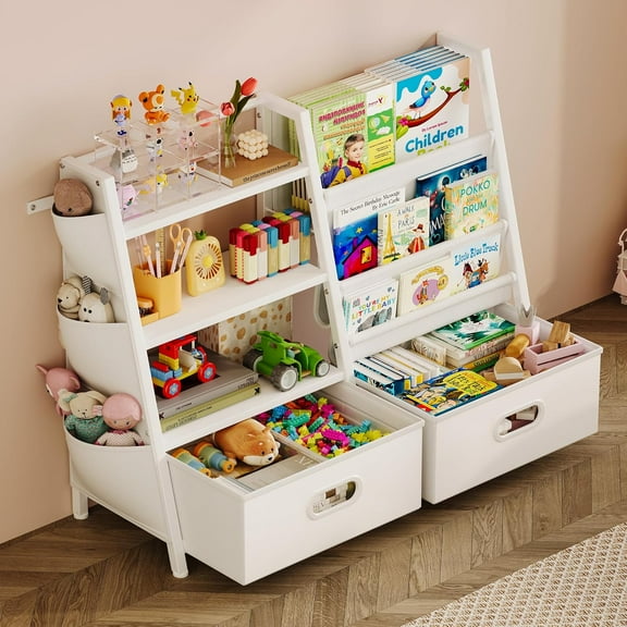 Kids Bookshelf and Toy Storage Organizer, 3 Tier Kids Bookcase, Sling Bookshelf and 2 Toy Bins with Toy Storage Organizer for Children Room, Playroom, Nursery, White