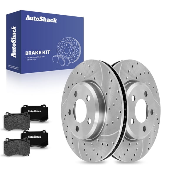 AutoShack 12.6" (320 mm) Front Vented Drilled & Slotted Brake Rotors Coated   Ceramic Brake Pads | Replacement for 2015-2019 Dodge Challenger | Silver Zinc Coated | 6-PC Brake Kit | SilverShield Pro