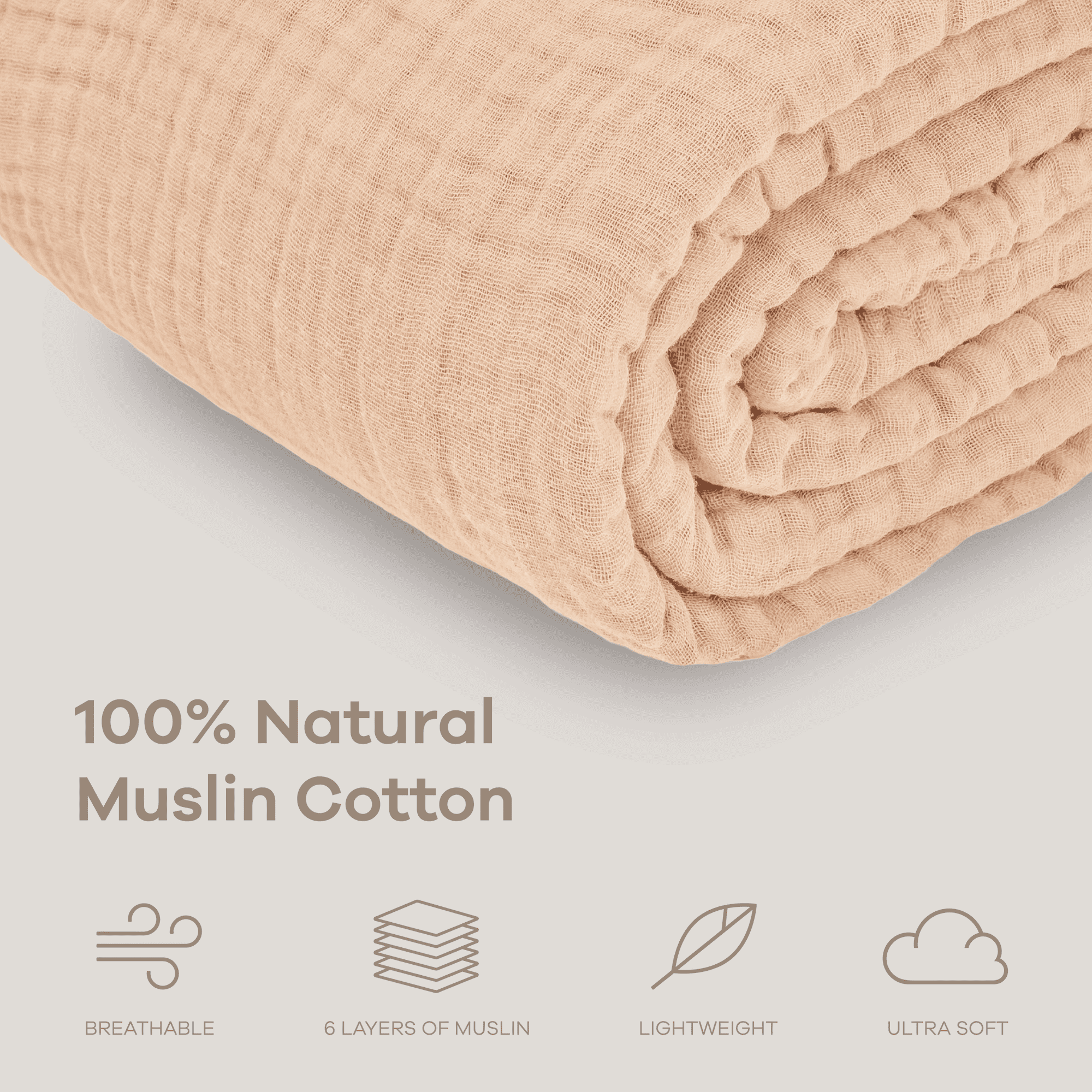 Comfy Cubs Muslin Blanket, Large Size 50” x 60”, 6 Layer Cotton Softness (Cream, Throw)