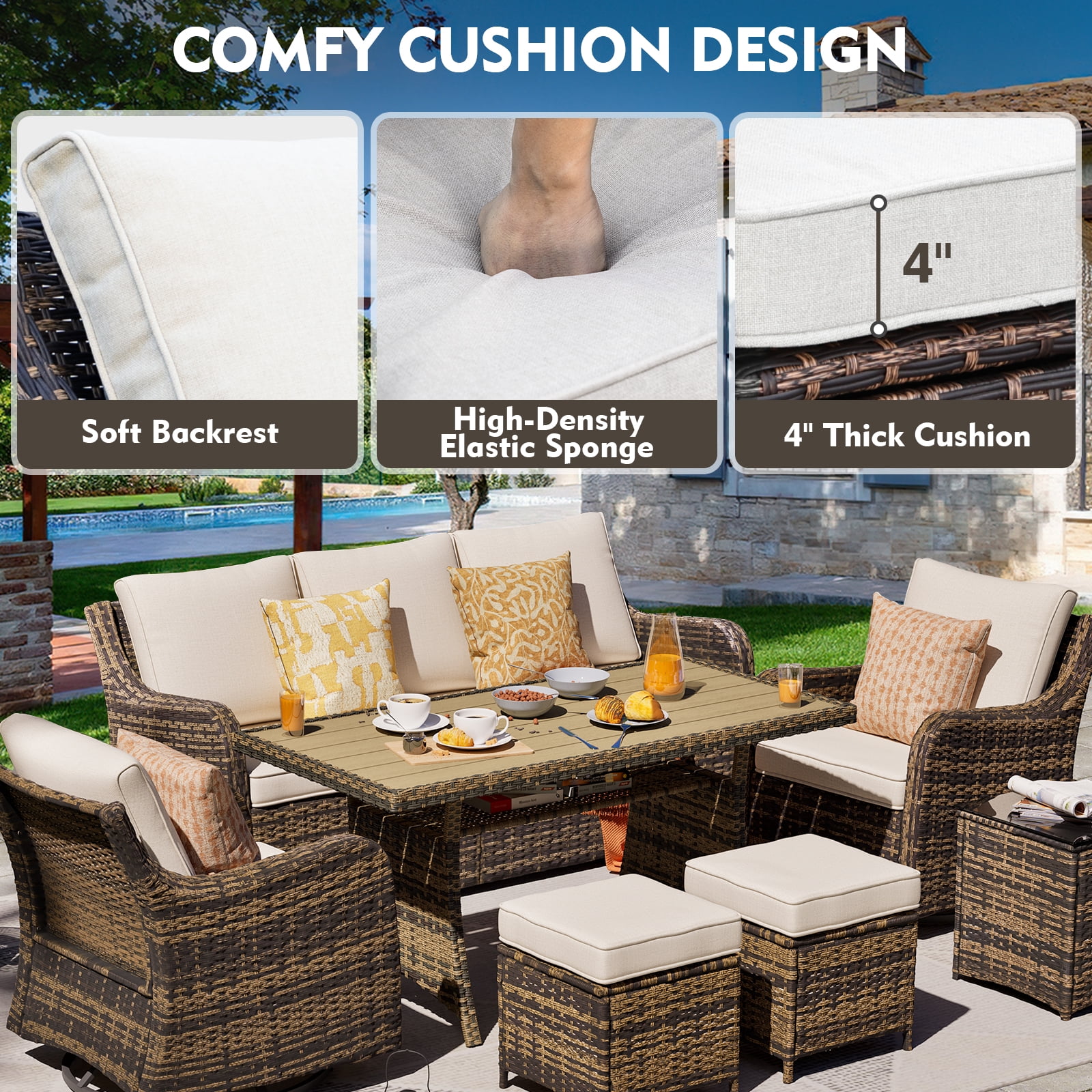MEISSALIVVE 7 Pieces Patio Furniture Set with Dining Table, Outdoor Wicker Conversation Set with Wicker Armrest Chairs, 2 Ottomans, Beige