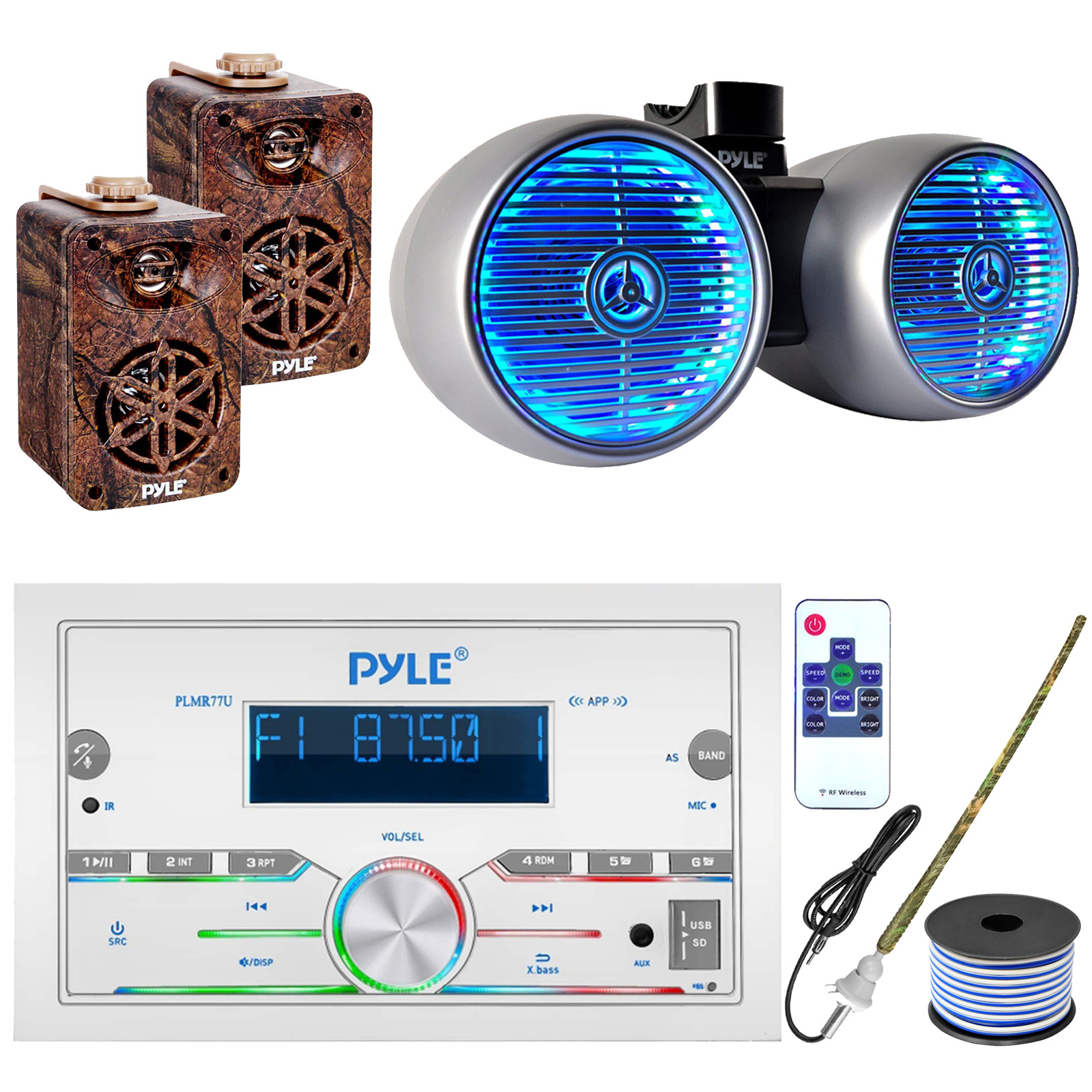 Pyle PLMR77U Double DIN AM/FM Stereo USB/AUX Bluetooth Marine Power Receiver with 6.5" 400W Wakeboard Silver Marine LED Speakers, 2x 3.5” Indoor/Outdoor Camo Speakers, Radio Antenna, 18 Gauge Wire - image 1 of 6