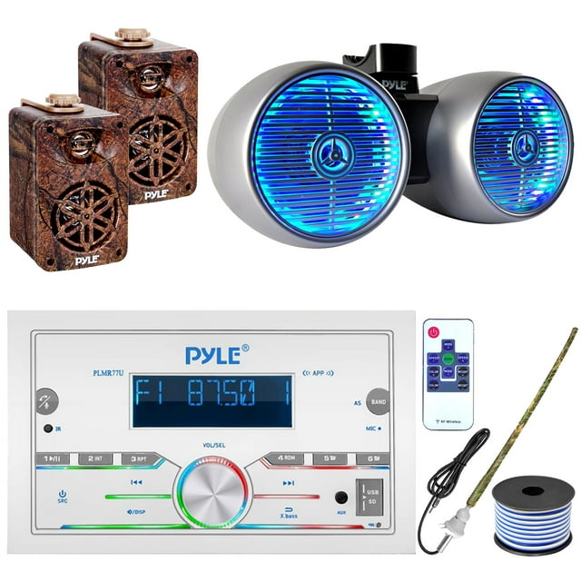 Pyle PLMR77U Double DIN AM/FM Stereo USB/AUX Bluetooth Marine Power Receiver with 6.5" 400W Wakeboard Silver Marine LED Speakers, 2x 3.5” Indoor/Outdoor Camo Speakers, Radio Antenna, 18 Gauge Wire