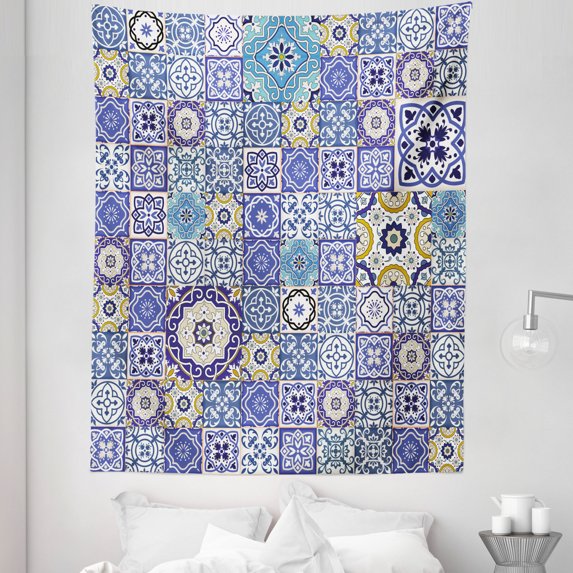 Blue Tapestry, Rich Pattern of Moroccan Tiles Patchwork Style Pattern Oriental, Fabric Wall Hanging Decor for Bedroom Living Room Dorm, 5 Sizes, Multicolor, by Ambesonne
