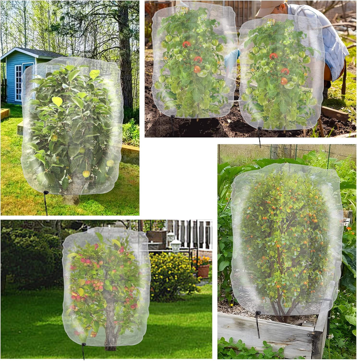 6 Pcs Insect Bird Barrier Tree Net with Drawstring, 2 Sizes Garden Bird Netting Plant Cover, Fruit Tree Netting for Protect Plants Fruits Flowers from Insect Bird Eating