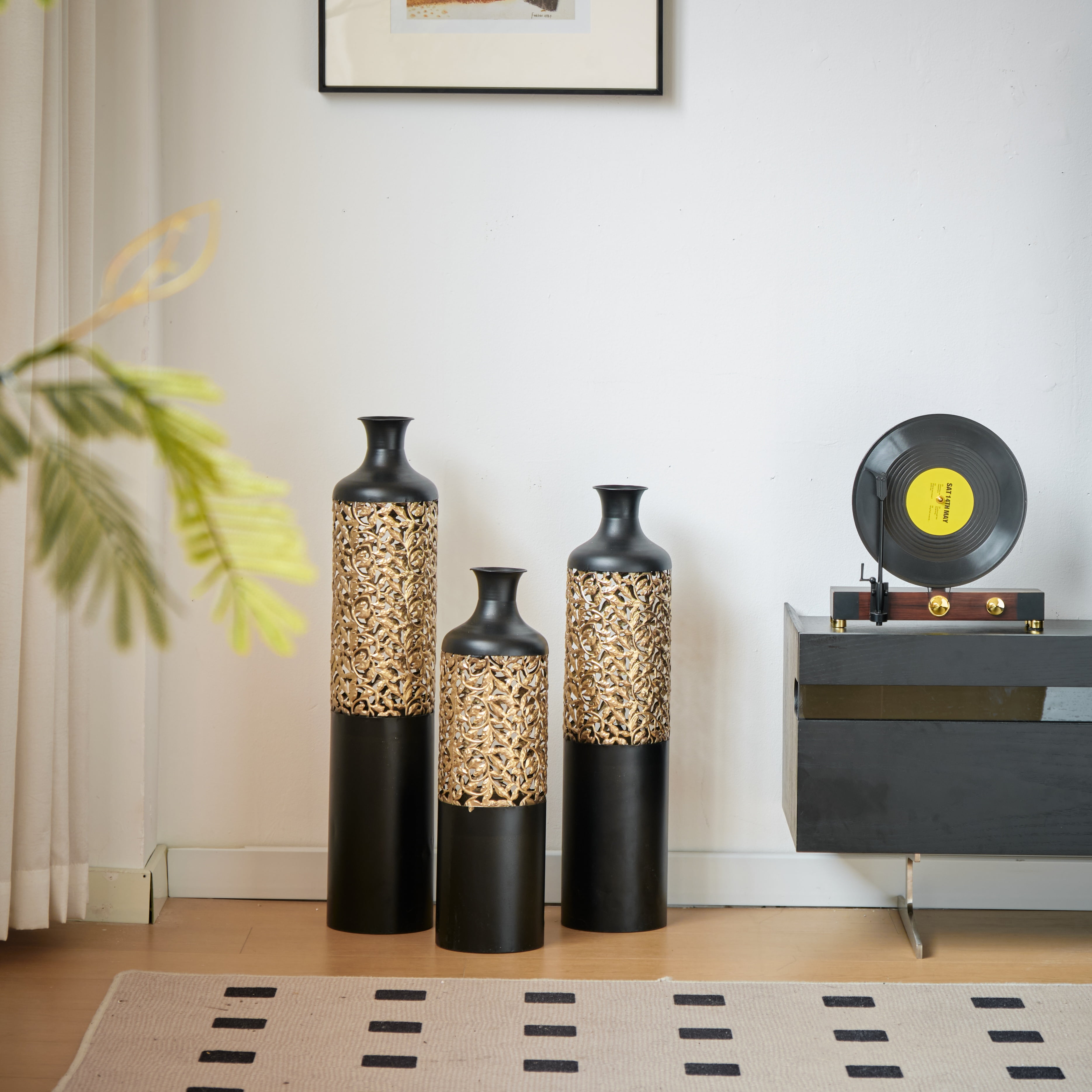 Aukfa Metal Decorative Tall Floor Vase,Set of 3 Large glazed Vases,20.8"/ 24.8"/28.7" H,Black