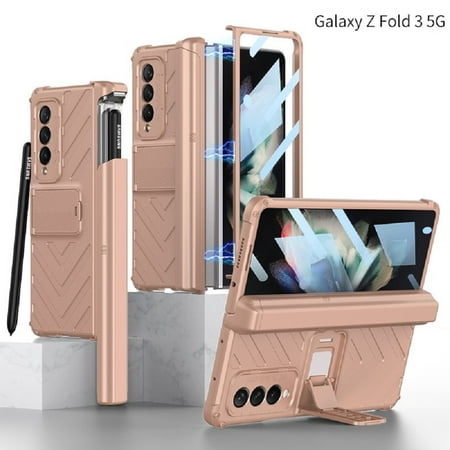 Haobuy Case Compatible Samsung Galaxy Z Fold 3 with Magnetic Hinge&Screen Protector Full Body Protection with Kickstand Pen Slot Case-Gold