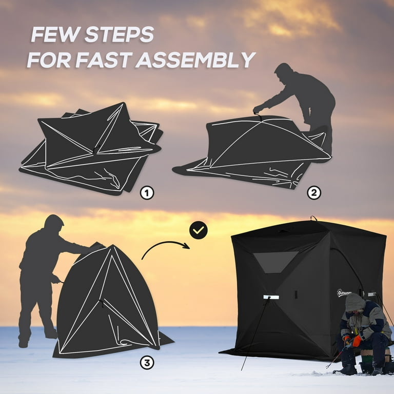 Outsunny 4 Person Ice Fishing Shelter Insulated Waterproof Portable Pop Up  Ice Tent with 2 Doors for Outdoor Fishing, Black