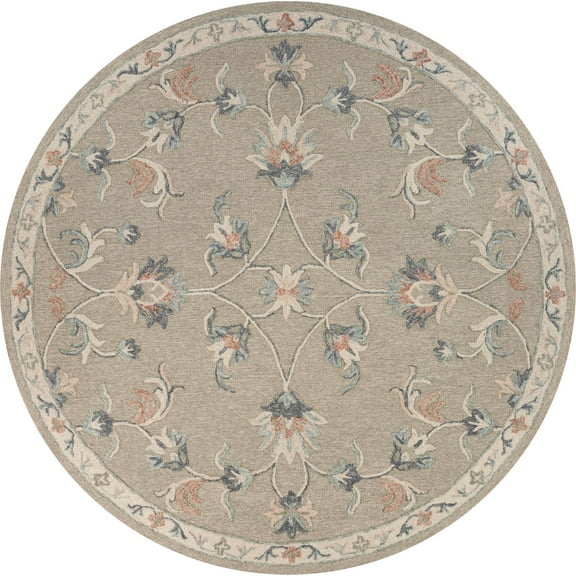 Laddha Home Designs 4.75' Beige and Blue Floral Hand Tufted Round Area Throw Rug