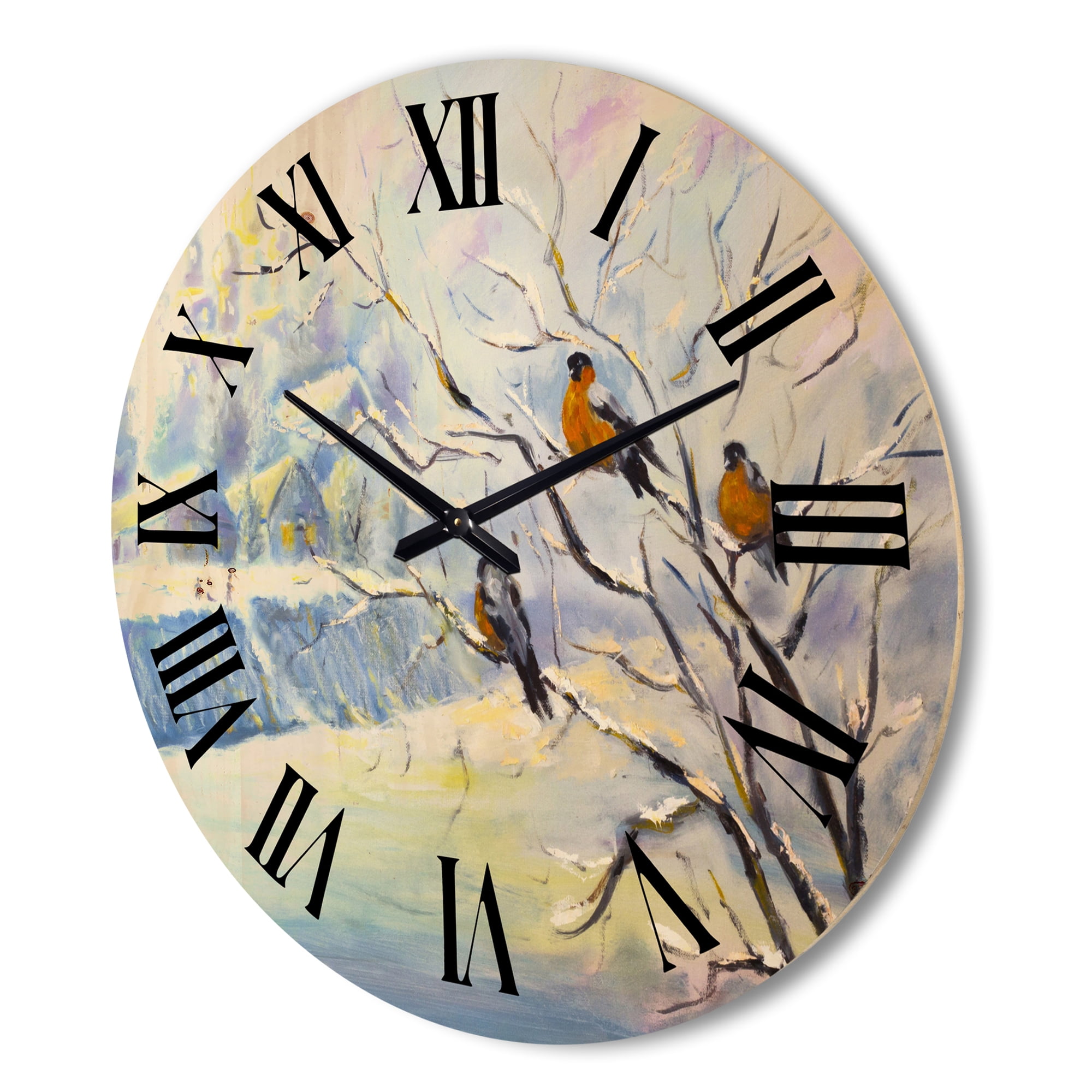 Designart 'Rustic Birds Sitting On A Tree In Winter Village' Farmhouse Wood Wall Clock