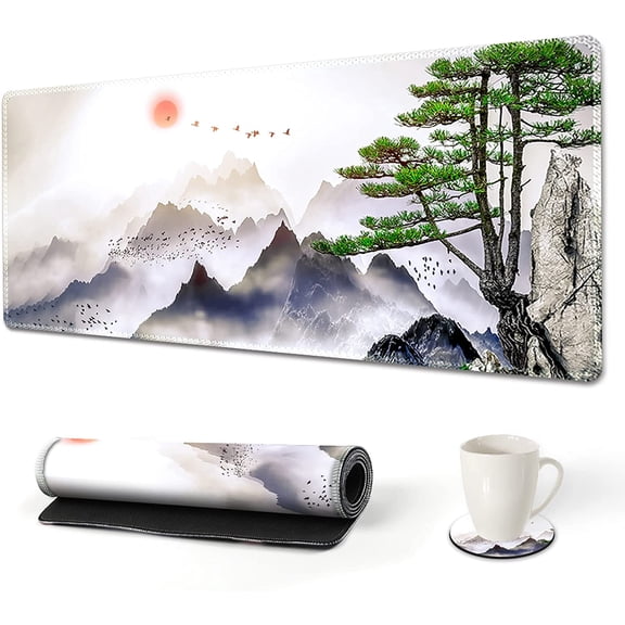 Extended Gaming Mouse Pad, XL Large Keyboard Mouse Mat Desk Pad with Stitched Edges, Durable Non-Slip Base Landscape Mousepad for Home Office, 35x15.7inch, Pine Tree Mountains