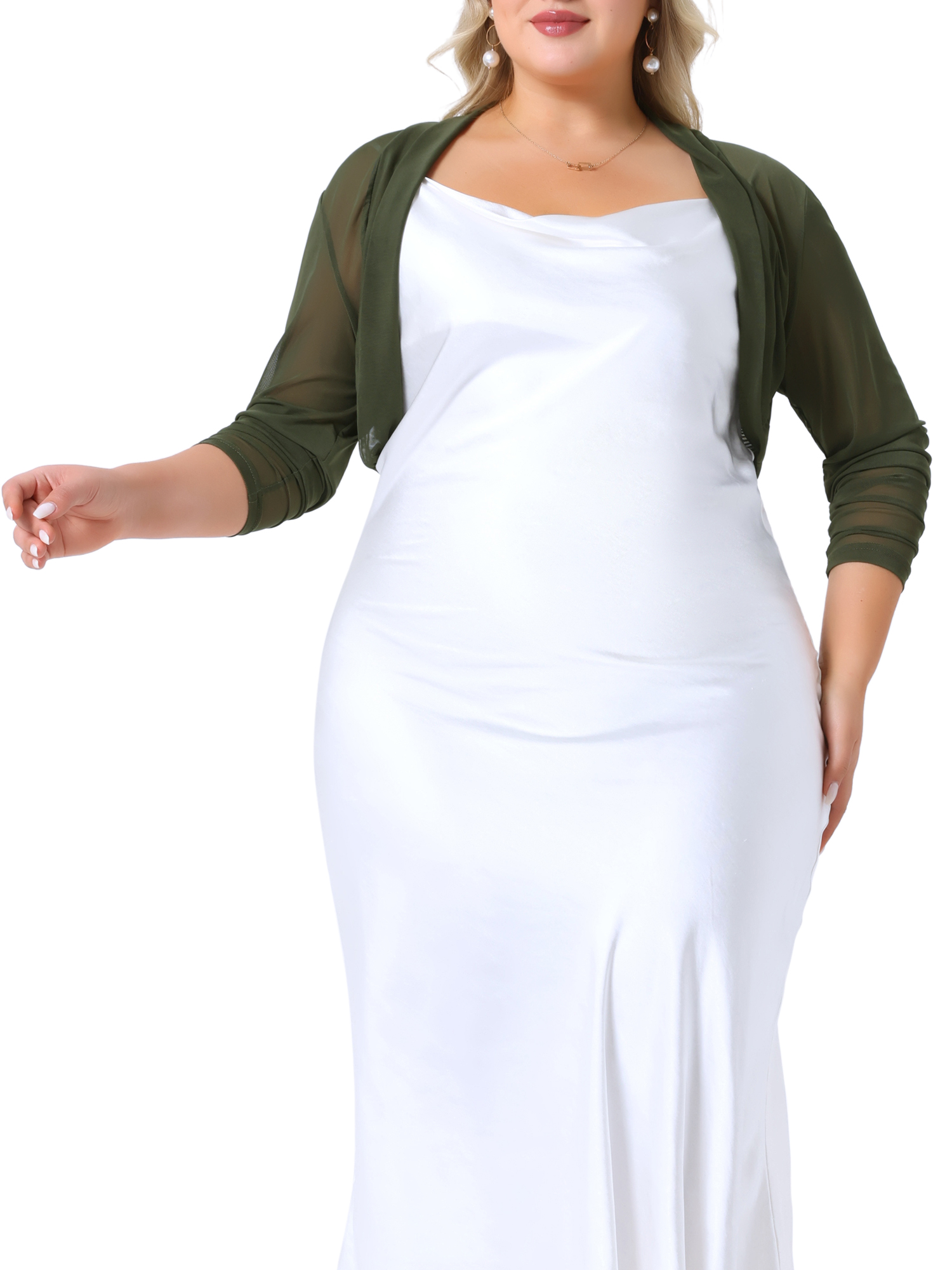 DARING DIVA Women's Plus Size Mesh Crop Long Sleeve Sheer Bolero Shrug Top 3X Army Green