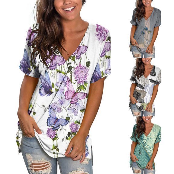 Fesfesfes Plus Size Women Crewneck Print Tees Short Sleeve T Shirt Blouse Loose Tops Women Tops 18(XXXXXL)