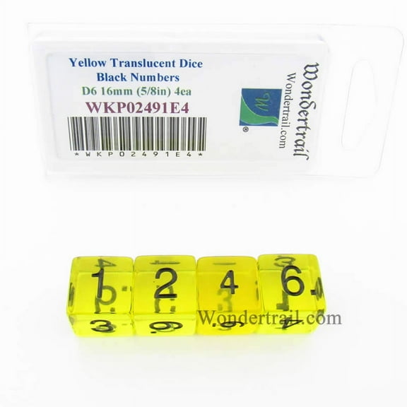 Yellow Transparent Dice with Black Numbers D6 16mm (5/8in) Pack of 4 Wondertrail