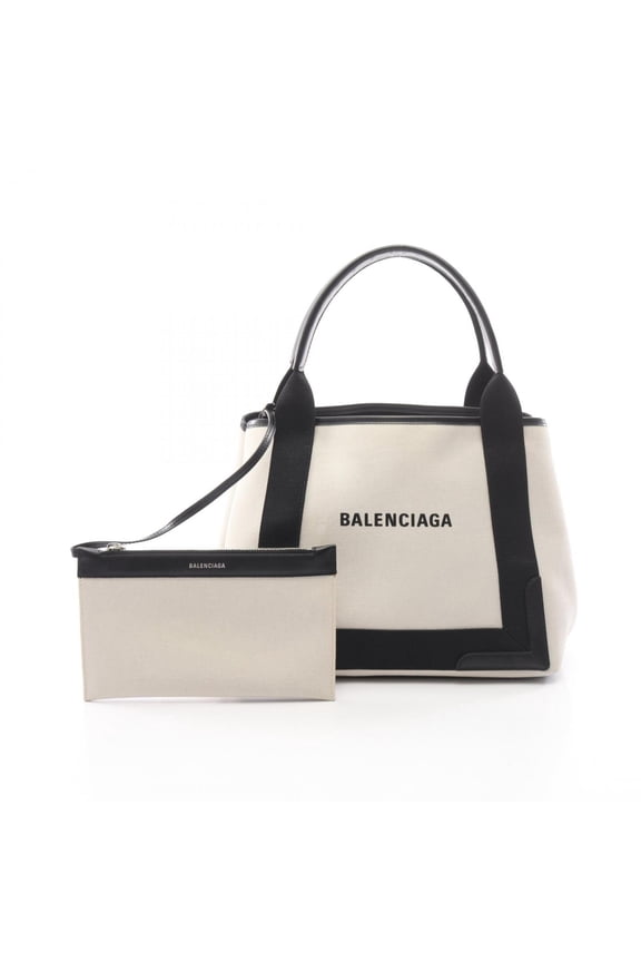 Pre-Owned Balenciaga Navy Cabas S Tote Bag Handbag Canvas Leather Women's Ivory/Black 3399332