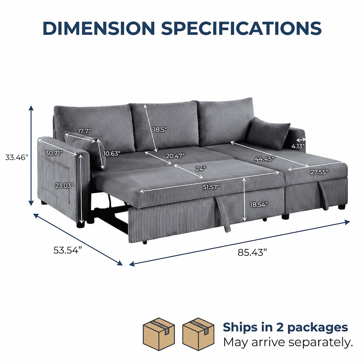 Xiweot 85" Sectional Sofa Bed, L Shaped Sleeper Sofa with Pull Out Bed & Storage Chaise, Corduroy 3 Seat Sectional Couch for Living Room Apartment Small Space (Black) (Gray)