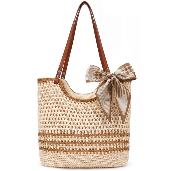 SUOSDEY Crochet Beach Bag for Women with Zipper,Summer Straw Beach Tote Bag Woven Boho Shoulder Bag for Vacation
