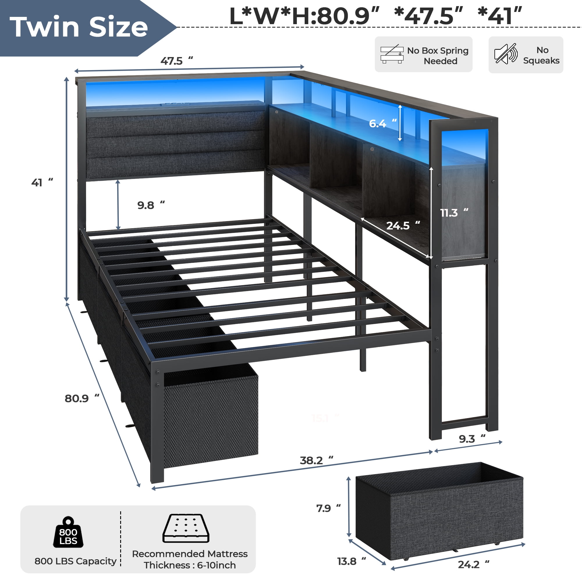 Tydimor Twin Corner Bed Frame with 3 Storage Drawers & Bookcase, Twin Size Daybed with Charging Station and Led Lights, Metal Platform Bed Frame for Living Room Bedroom, Dark Gray