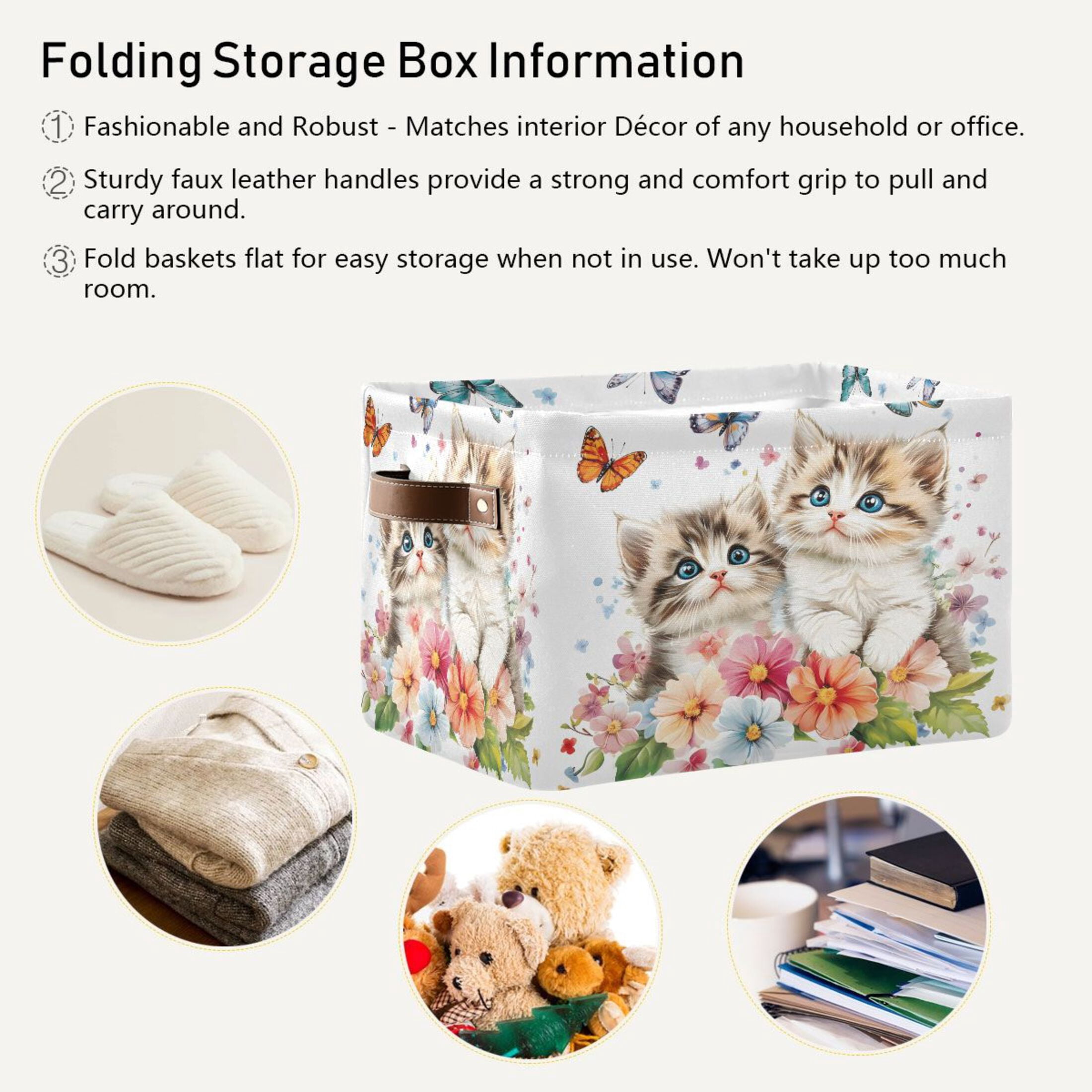 Ryvnso Cats Flower Butterfly Storage Basket Large Bin Foldable Boxes Toys Organizer 14.2x10.2x8.3in 2 PCs