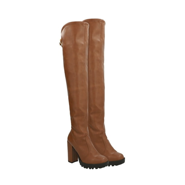 Bota Extra Larga Para Mujer De Lycra Piel Slim Color Café Platonia