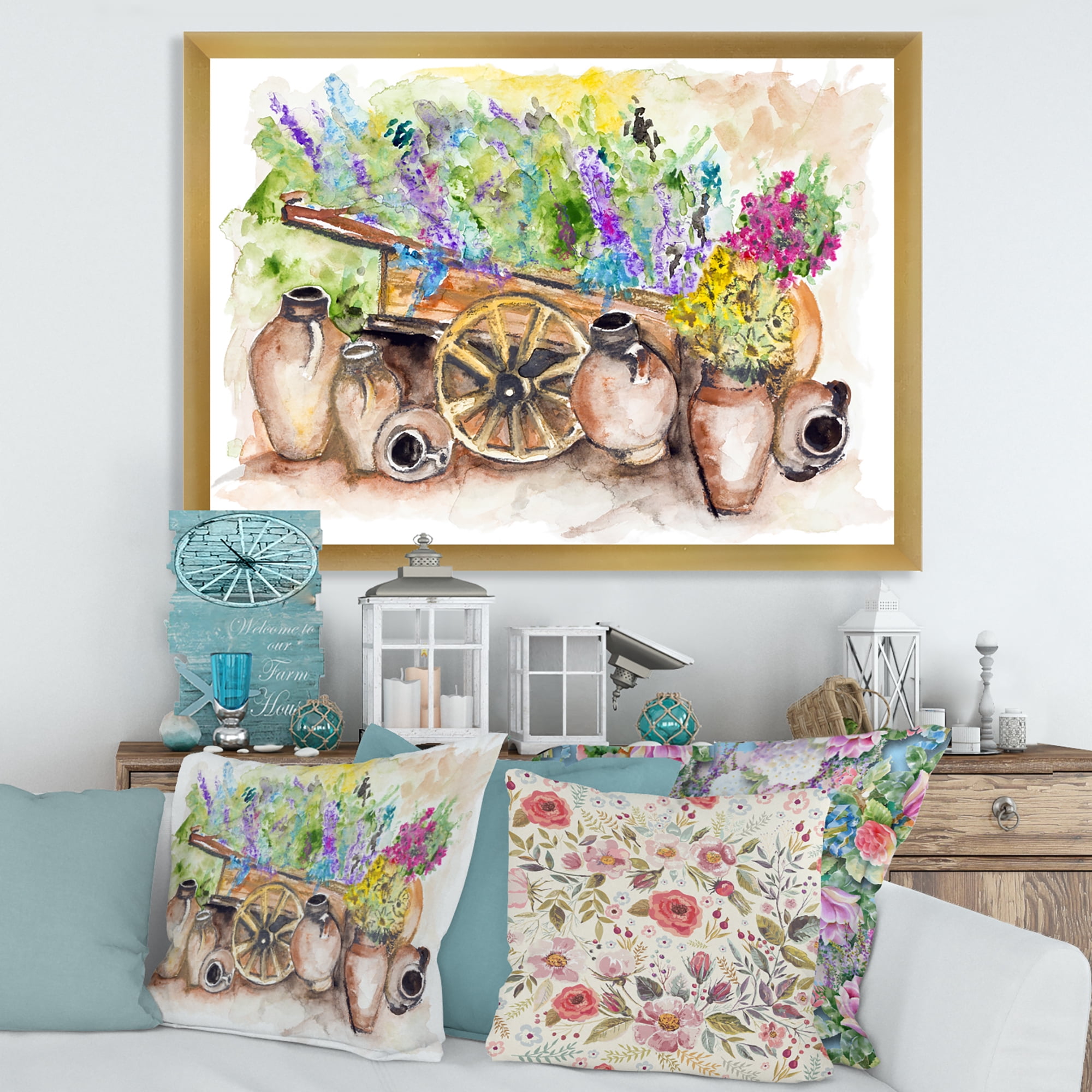 Designart 'Lavender Flowers On Ancient Cart Illustration' Traditional Framed Art Print