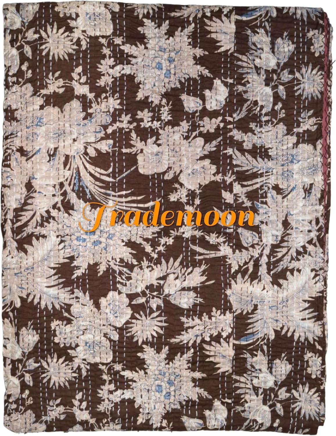 Indian Vintage Floral Kantha Quilt, Brown Cotton Bedspread with White Stitched Pattern, Kantha Gudri (Twin Size - 60" x 90")