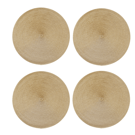 

MODANU 4 Pack Large Polypropylene Woven Placemats for Dining Table 15 inch Round Indoor Woven Fabric Table Mats Heat Resistant Non-Slip Weave Placemats Handmade Gold