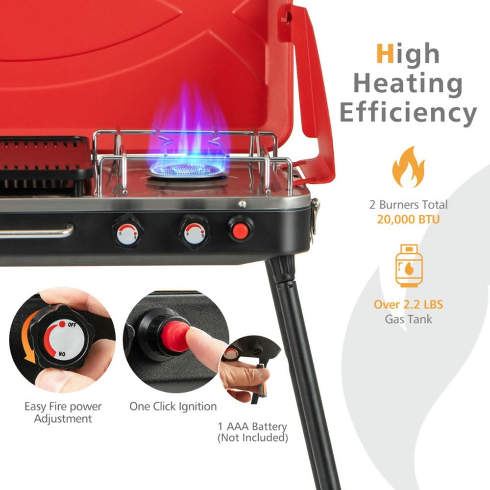 Barara King BBQ Grill, Outdoor Camping Grill,2-in-1 Gas Camping Grill and Stove with 4 Detachable Legs-Red