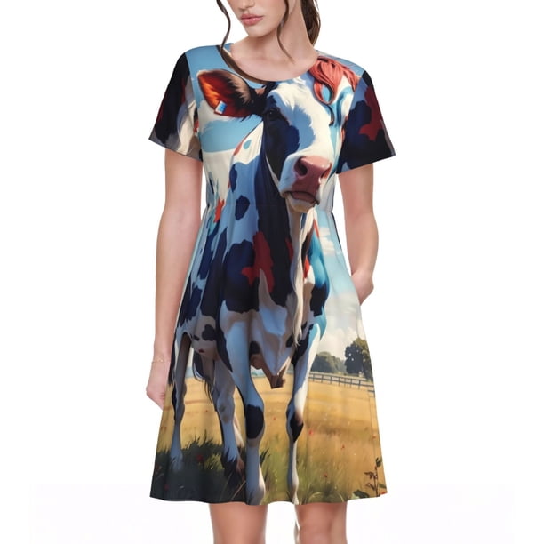 Fotbe Colorful Cow Pasture Vestido Largo de Moda para Mujer, Vestido Tipo Camiseta con Manga Corta y Estilo Casual a Rayas y Bloques de Color