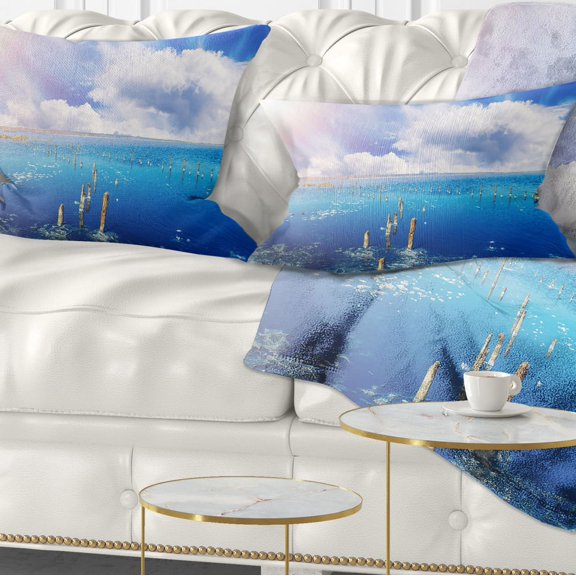 Designart Blue Salt Lake under Clouds - Seascape Throw Pillow - 12x20