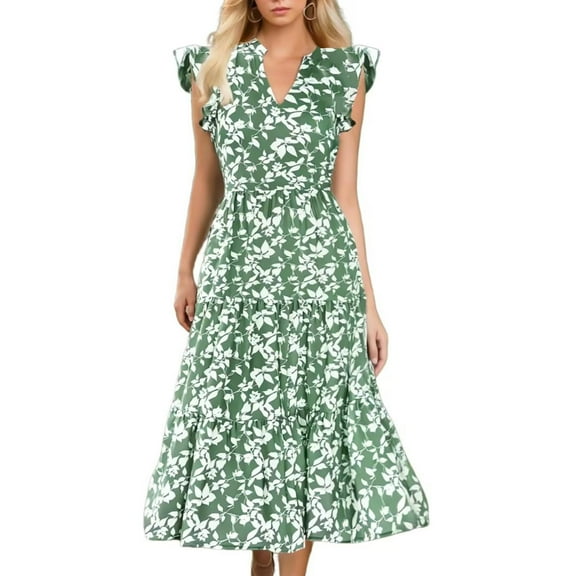 ALLLIST Green Women Dresses Summer Midi A-Line Floral Vacation Peplum Women's Clothing Size S-2XL