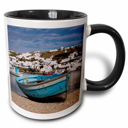 

3dRose Greece Cyclades Mykonos Hora. Harbor area with Greek fishing boats. - Two Tone Black Mug 11-ounce