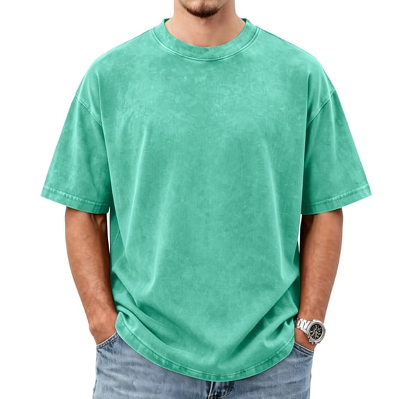 Kixjoy Green T Shirts for Man Cotton Crew Neck Short Sleeve T Shirts Casual Washed Loose Fit Vintage Undershirts Cozy Lightweight Summer Mens Undershirts, Green 3XL