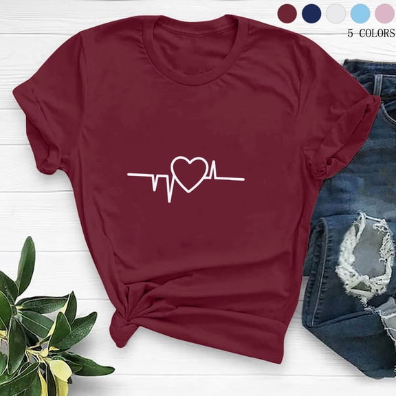 Zedker Summer Tops for Womens, Fashion Women's Heart Print Graphic Cute Tee Shirt Funny T Shirt Tops Blue L