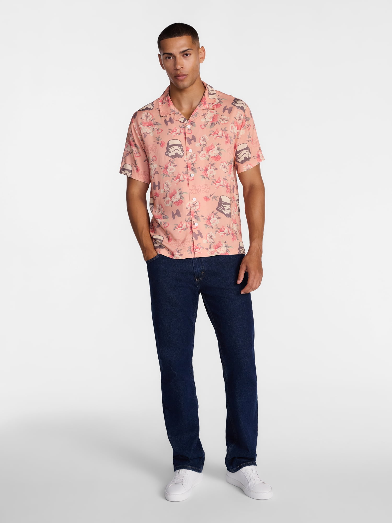 Star Wars Men's and Big Men's Space Floral Graphic Button Up Shirt with Short Sleeves, Sizes S-4XL