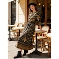 thumbnail image 2 of Women's Boho Ethnic Print Maxi Dress Crew Neck Flared Sleeve Golden Belted Vacation Beach Swing Dress, 2 of 8