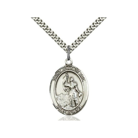 Sterling Silver St. Joan of Arc Pendant 1 x 3/4 inches with Heavy Curb Chain