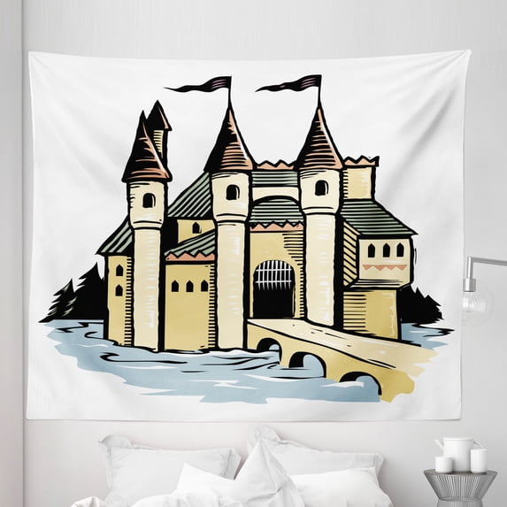 Castle Tapestry, Fantasy Land Historic Fortress Illustration, Fabric Wall Hanging Decor for Bedroom Living Room Dorm, 5 Sizes, White Multicolor, by Ambesonne