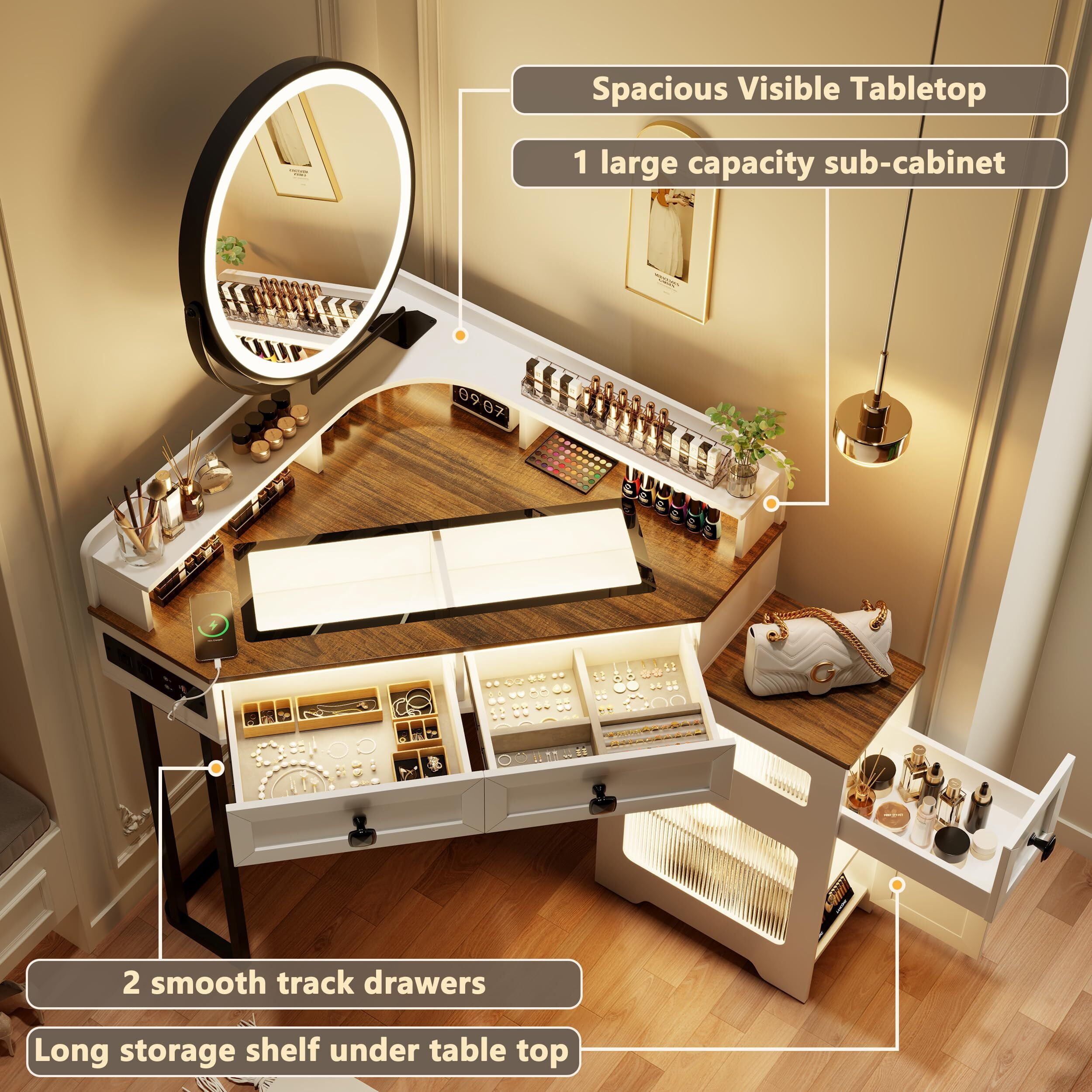 Aukfa Makeup Vanity Table with Mirror and Lights, Vanity Desk with Drawers and Shelves, White